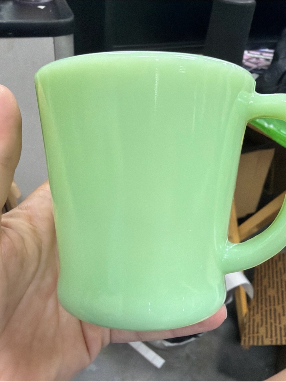 VTG Jadeite Fire-King Flat Bottom D Handle Mug Ovenware, ca 1948-1950.